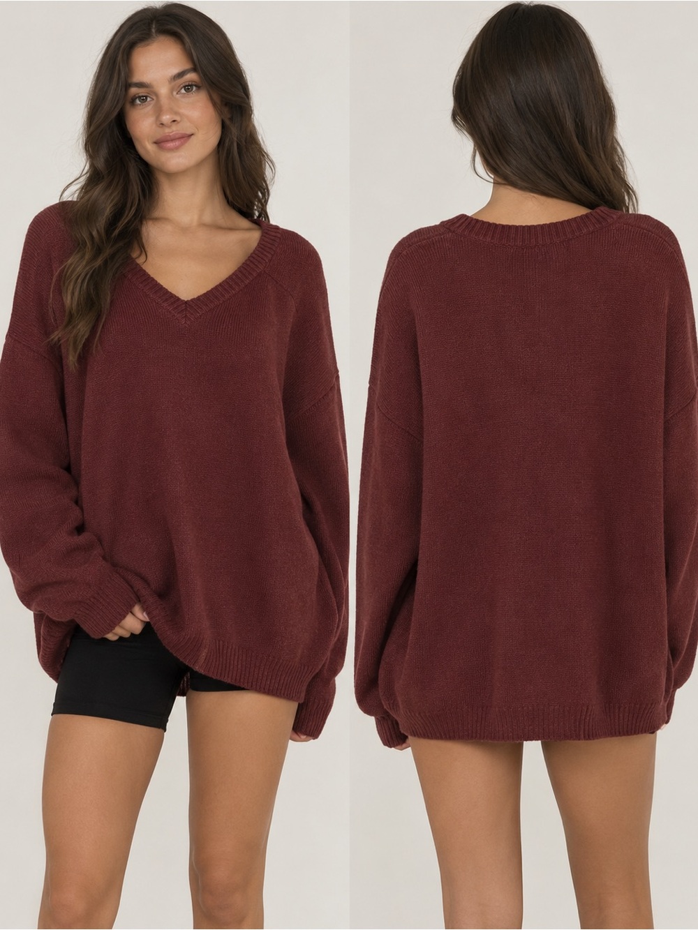 PERU ALPACA WOOL blend V-Neck Knit Sweater in Deep Wine